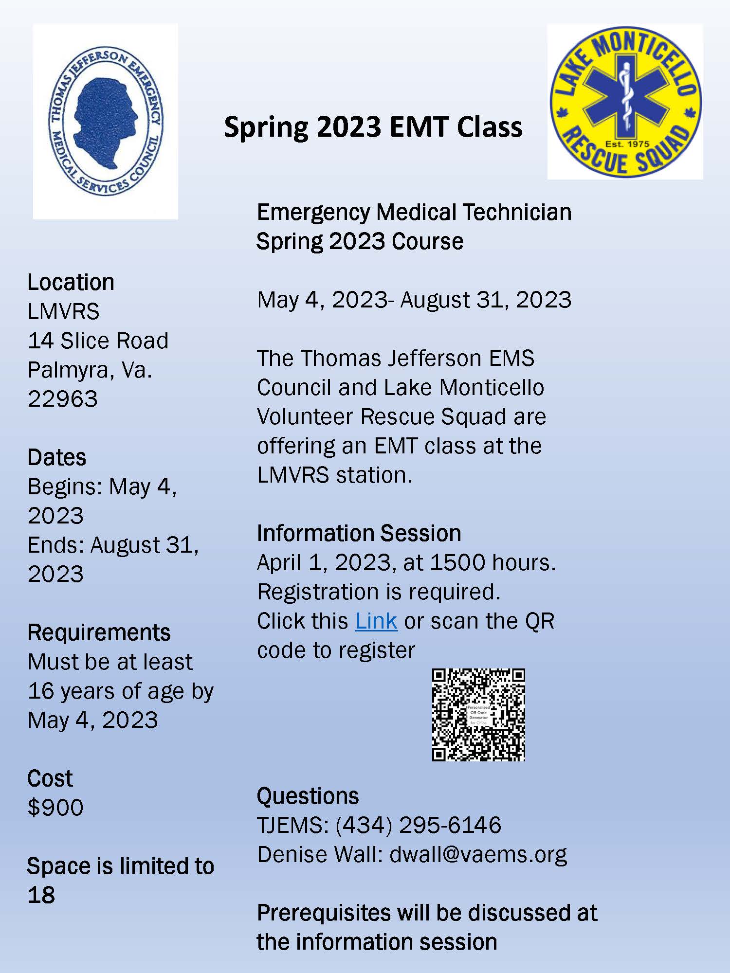 Spring 2023 EMT Class Flyer